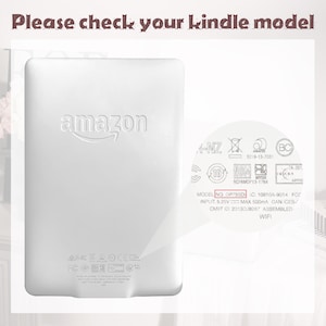 May include: A white Kindle device back with the Amazon logo embossed. The text "Please check your kindle model" is at the top. The model number DP7SSD is highlighted in a red box, along with other technical details.