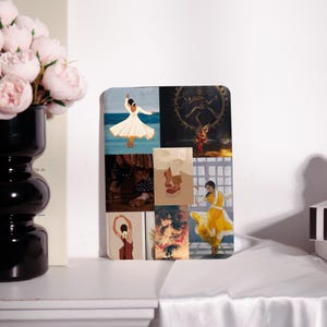 May include: A decorative square art piece featuring nine panels with illustrations of dancers in various poses and styles. The artwork showcases a range of colors, including white, yellow, and brown, with a focus on cultural dance themes.