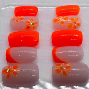 Short Square Orange Press-On Nails | Flower French Tip Handmade Reusable Nail Set | | Luxury Gel Press Ons | Custom Glue-On Nails