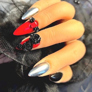 Gothic Rose Press On Nails | Red & Black with Chrome Silver | Almond Builder Gel Alternative Nails