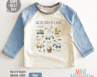 God Says I Am Toddler Shirt - Construction Religious Kids Shirt - Christian Kids Tee - Construction Trucks Natural Toddler Shirt