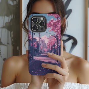 ピンクのアニメ携帯ケース、美しい桜のデザイン、日本のかわいいアート、かわいいピンクのiPhoneカバー、アニメ愛好家のための夏のクールなコラージュ