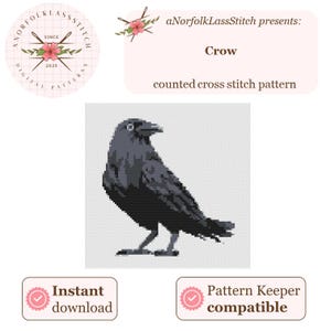 Puede incluir: Un patrón de punto de cruz contado que representa un cuervo negro, con el texto "aNorfolkLassStitch presents: Crow counted cross stitch pattern" sobre la imagen. La imagen está etiquetada con "Descarga instantánea" y "Compatible con Pattern Keeper".
