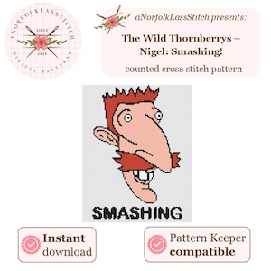 Może przedstawiać: Cyfrowy wzór haftu krzyżykowego z Nigelem Thornberrym z kreskówki The Wild Thornberrys. Obraz przedstawia twarz Nigela ze słowem "SMASHING" poniżej. Wzór jest "do natychmiastowego pobrania".