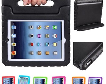 May include: A black protective case with a built-in handle for a tablet. The case has a screen protector and a stand.