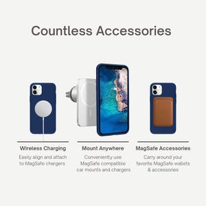 May include: Three images showing different ways to use MagSafe accessories. The first image shows a blue phone case with a white wireless charger attached. The second image shows a blue phone case attached to a white car mount. The third image shows a blue phone case with a brown leather wallet attached.