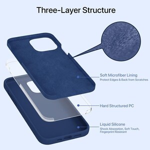 Puede incluir: Una funda para tel&eacute;fono de tres capas con una capa exterior de silicona azul, una capa de pl&aacute;stico duro transparente y un forro de microfibra suave. El texto "Three-Layer Structure", "Soft Microfiber Lining", "Protect Edges & Back from Scratches", "Hard Structured PC", "Liquid Silicone", "Shock Absorption, Soft Touch, Fingerprint Resistant" es visible en la imagen.