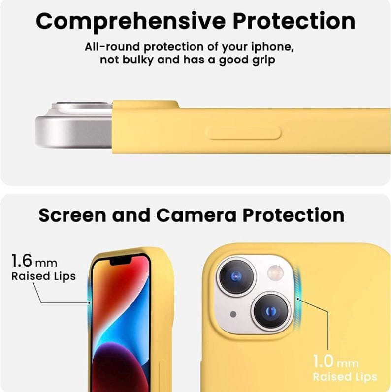 Puede incluir: Funda de tel&eacute;fono amarilla con bordes elevados para proteger la pantalla y la c&aacute;mara. La funda tiene un borde elevado de 1,6 mm alrededor de la pantalla y un borde elevado de 1,0 mm alrededor de la c&aacute;mara.