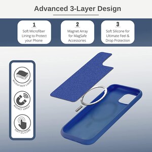May include: A blue phone case with a three-layer design. The case has a soft microfiber lining, a magnet array for MagSafe accessories, and a soft silicone outer layer for drop protection.