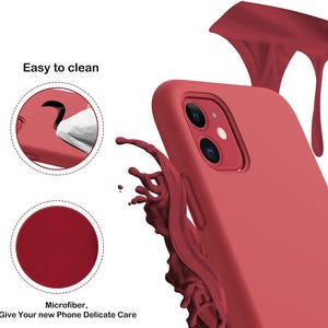 Puede incluir: Una funda de tel&eacute;fono de silicona roja con forro de microfibra. La funda est&aacute; dise&ntilde;ada para proteger un tel&eacute;fono de ara&ntilde;azos y ca&iacute;das. El texto "F&aacute;cil de limpiar" y "Microfibra, Dale a tu nuevo tel&eacute;fono un cuidado delicado" es visible en la imagen.