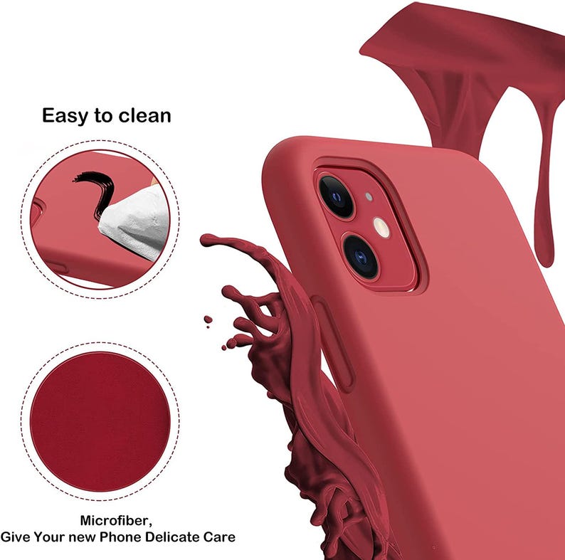 Puede incluir: Una funda de tel&eacute;fono de silicona roja con forro de microfibra. La funda est&aacute; dise&ntilde;ada para proteger un tel&eacute;fono de ara&ntilde;azos y ca&iacute;das. El texto "F&aacute;cil de limpiar" y "Microfibra, Dale a tu nuevo tel&eacute;fono un cuidado delicado" es visible en la imagen.