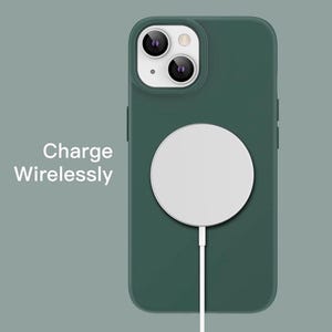 Puede incluir: Una funda de tel&eacute;fono verde con una almohadilla de carga inal&aacute;mbrica blanca unida a ella. El texto "Charge Wirelessly" es visible en la imagen.