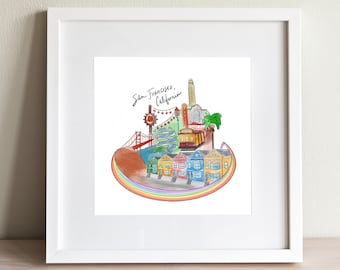 San Francisco, California Viaje Acuarela Boceto Print