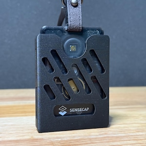 May include: A black rectangular device with a leather strap and metal clasp. The device has a grid-like design on the front, with the word "SENSECAP" printed on the lower section. A small light is visible at the top.