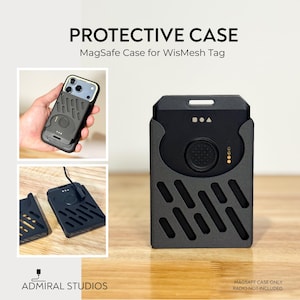 May include: A black protective case for a WisMesh Tag featuring a MagSafe design. The case has a textured surface with diagonal cutouts, a circular centre button, and small indicator lights. Text includes PROTECTIVE CASE, MagSafe Case for WisMesh Tag, and ADMIRAL STUDIOS.
