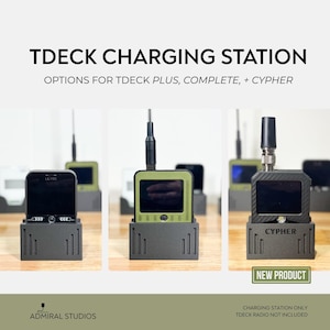 May include: Three TDeck charging stations are displayed. The stations are black and green, with the text "TDeck Charging Station" at the top. The text "New Product" is in a green box. The text "Cypher" is on one of the stations.