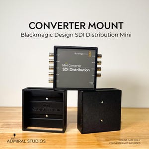 May include: A black plastic converter mount for a Blackmagic Design SDI Distribution Mini converter. The mount features a square frame with mounting holes, and the text BMD SDI DISTRIBUTION is embossed on the interior back panel of the mount.