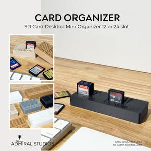 May include: A rectangular desktop SD card organiser with multiple slots, featuring the text "TODO" embossed on the surface. The organiser is available in black, white, grey, and tan colours, designed to hold SD cards in an upright position.