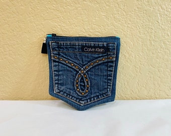 DENIM Jeans Pocket Denim Pouch with Silver /& Rhinestones BLING Denim Purse Two Pocket Zipper Pouch STARS Fabric Lining Upcycled Jeans