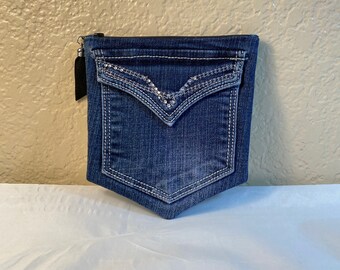 DENIM Jeans Pocket Denim Pouch with Silver /& Rhinestones BLING Denim Purse Two Pocket Zipper Pouch STARS Fabric Lining Upcycled Jeans