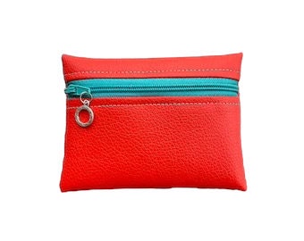 FAUX LEATHER Zipper Pouch/CARD Holder/ Red & Aqua Coin Purse/LeatherLike Vinyl Purse Accessory