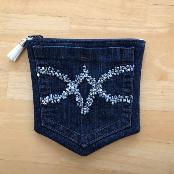 DENIM Jeans Pocket Denim Pouch with Silver /& Rhinestones BLING Denim Purse Two Pocket Zipper Pouch STARS Fabric Lining Upcycled Jeans