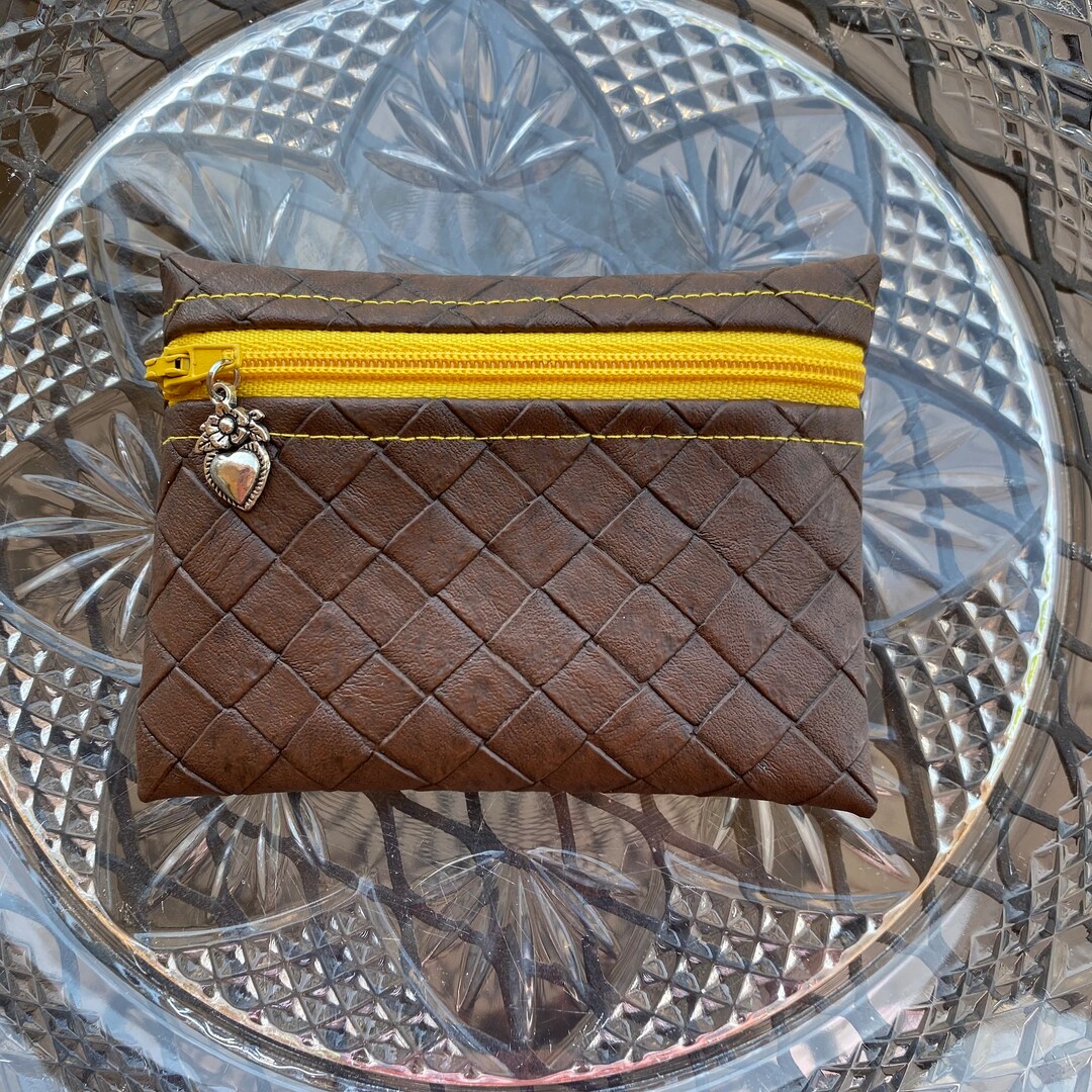 FAUX LEATHER Zipper Pouch/card Holder/wovenlook Brown Tiny Purse