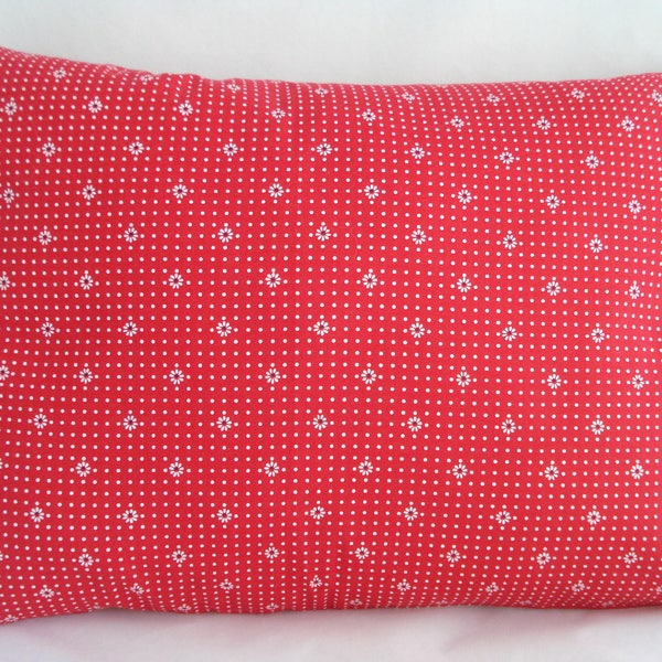TRAVEL Pillowcase / 12" X 16" RED & White Pin Dot Pillowcase / Daisies and Dots Pillowcase / Red White Fabric / Tiny DAISY Pillowcase