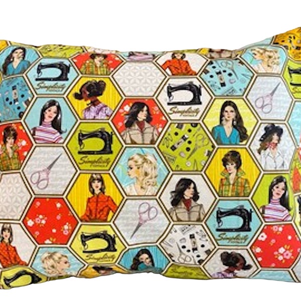 VINTAGE Style FASHION Sewing Travel Pillowcase/12”x 16”/DRESS & Hair Styles of 1960s/Fashion Hexagon Print/Simplicity Dress Pattern Print