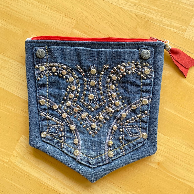 DENIM Jeans Pocket  Denim Pouch with Silver /& Rhinestones BLING  Denim Purse Two Pocket Zipper Pouch  STARS Fabric Lining Upcycled Jeans