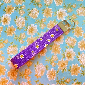 FLOWERS Key LEASH/Key Holder/Floral Fabric Key Wristlet/PURPLE Flower Fabric/Fabric Key Fob
