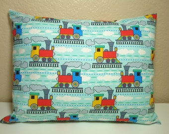 TRAINS Travel Pillowcase / 12" x 16" Pillow Cover/TRAINS Pillowcase /Choo Choo Train Pillowcase / Colorful Trains / Aqua Trains Pillow Cover