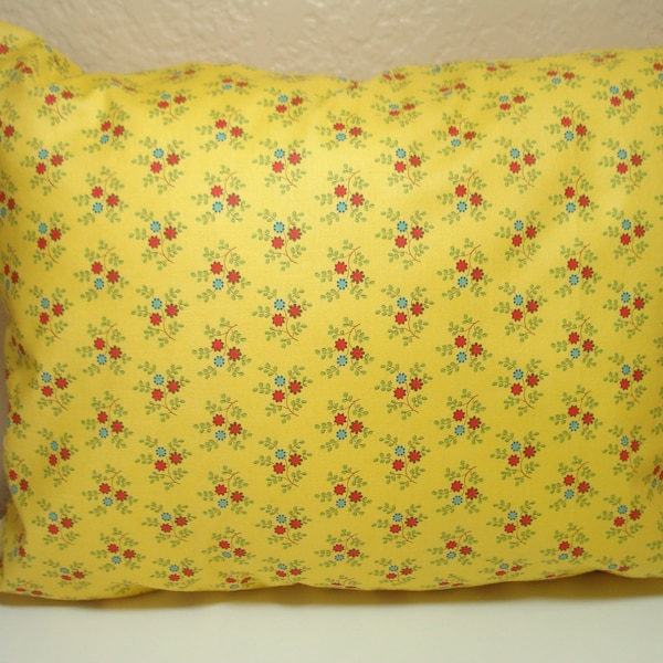 Sweet FLOWERS Travel Pillowcase / 12" X 16"  Pillow Cover / Tiny Red & Blue FLOWERS / YELLOW Floral Fabric / Dainty Flowers Pillowcase