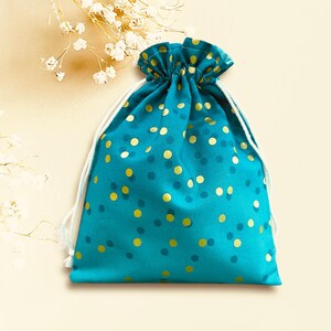 Lots o’Dots Aqua & Gold Print Fabric GIFT BAG/7 x 9/Fully Lined Drawstring Pouch/Gift Wrap/Handmade Fabric Gift Bag