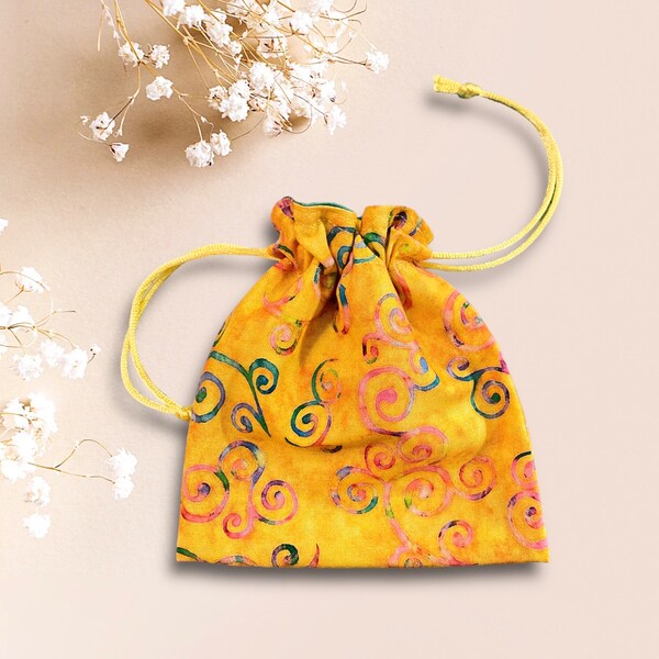 COLORFUL SCROLLS on YELLOW Gift Bag/Drawstring Pouch/Gift Wrap for Small Items/Fabric Gift Bag/All-Purpose Fabric Pouch