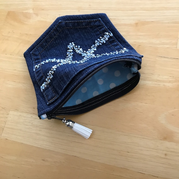 DENIM Jeans Pocket Denim Pouch with Silver /& Rhinestones BLING Denim Purse Two Pocket Zipper Pouch STARS Fabric Lining Upcycled Jeans
