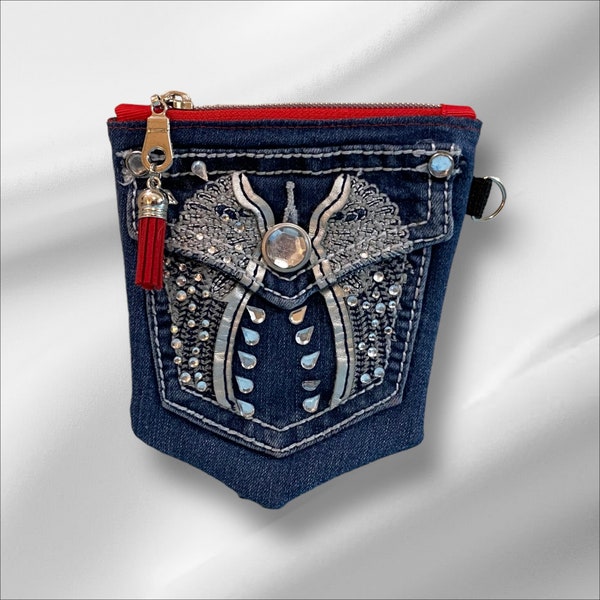 Small DENIM Jeans POCKET/Blue Denim Small Purse /Coin Purse with Lots of Bling/Blue Denim Pouch/Double Pocket Pouch/Girl's Jeans Pocket