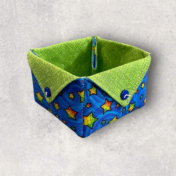 STARS Print/Tiny Fabric Box/All-Purpose Container/Multicolor Stars on Blue/Small Items Organizer/BUTTON Box/Clip Holder