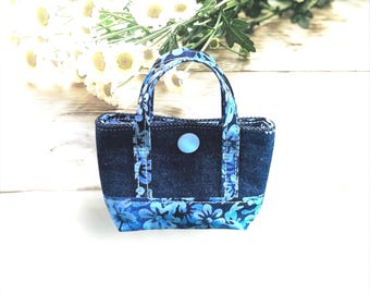 Handmade Denim Mini Tote Bag: Floral Cotton Lining, Doll Purse