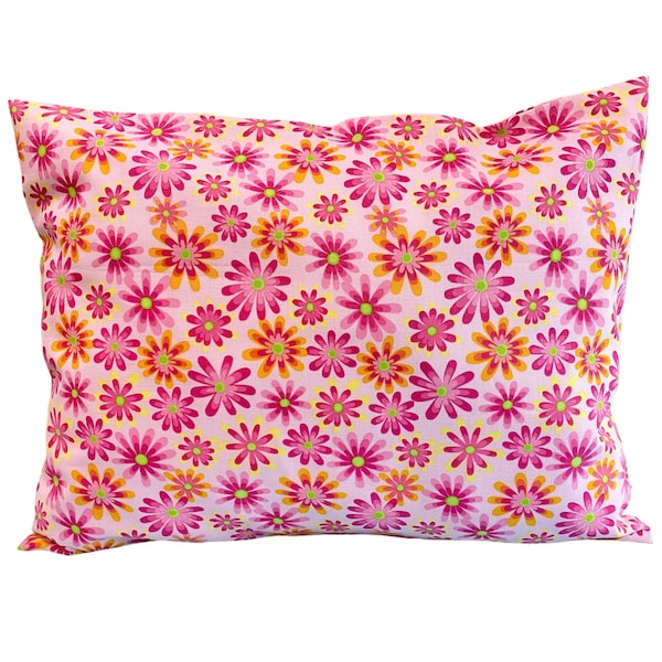 Floral Travel Pillowcase/12" x 16"/BEAUTIFUL Multicolor Flowers/Daisies/Pink & Yellow Flowers/ PINK Background/Print Pillow Cover