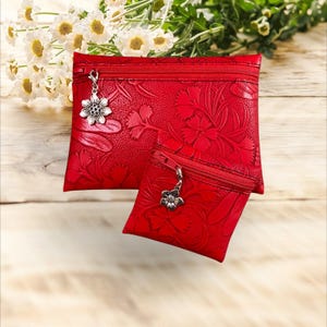 SET of FAUX LEATHER Zipper Pouches/Red Embossed Vinyl/Leather~Like Vinyl Purse Accessories/Gift Set