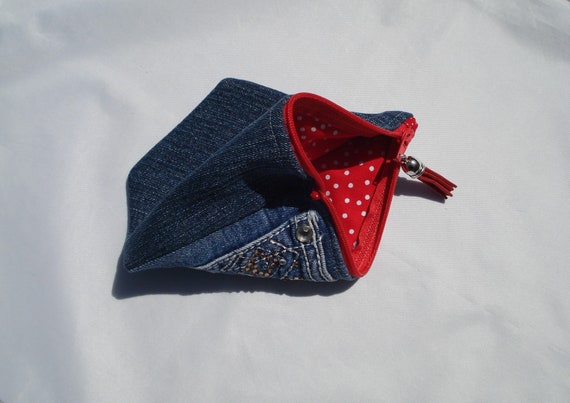 DENIM Jeans Pocket  Denim Pouch with Silver /& Rhinestones BLING  Denim Purse Two Pocket Zipper Pouch  STARS Fabric Lining Upcycled Jeans