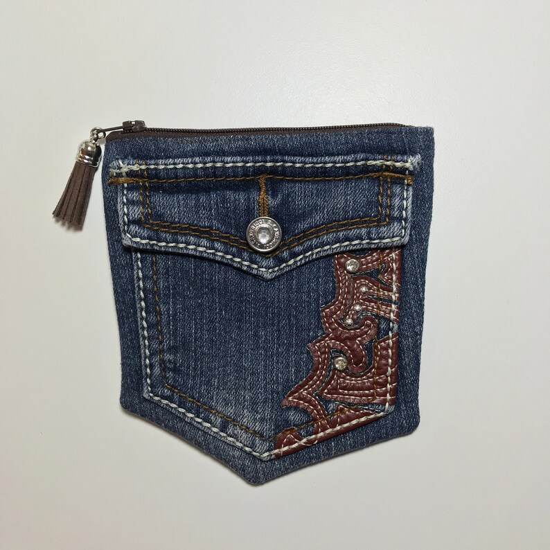 DENIM Jeans POCKETS Embroidered Denim Purse Western Look Purse Faux LEATHER /& Denim Double Pocket Purse Juniors Jeans Pocket
