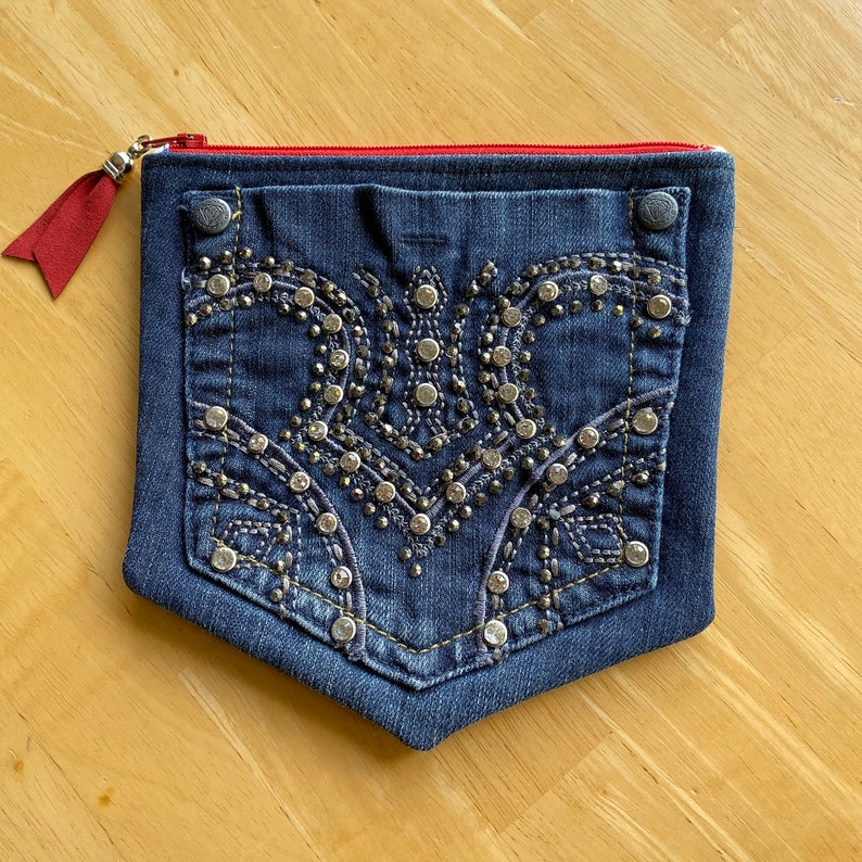 DENIM Jeans Pocket Denim Pouch with Silver /& Rhinestones BLING Denim Purse Two Pocket Zipper Pouch STARS Fabric Lining Upcycled Jeans