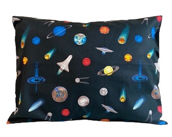 GALAXY Travel Pillowcase / 12" X 16" / MOON and PLANETS Fabric / Adult or Kid Pillowcase / Moon & Stars / Outer Space Pillow Cover