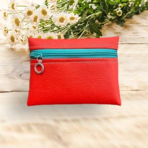 FAUX LEATHER Zipper Pouch/CARD Holder/ Red & Aqua Coin Purse/LeatherLike Vinyl Purse Accessory