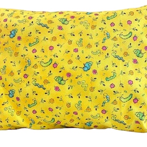 Tiny CRITTERS Travel Pillowcase / 12&quot; x 16&quot;/Cute Caterpillars/Yellow Critters Fabric/Sweet WOOLY WORMS/Whimsical Worms/Tiny Flowers