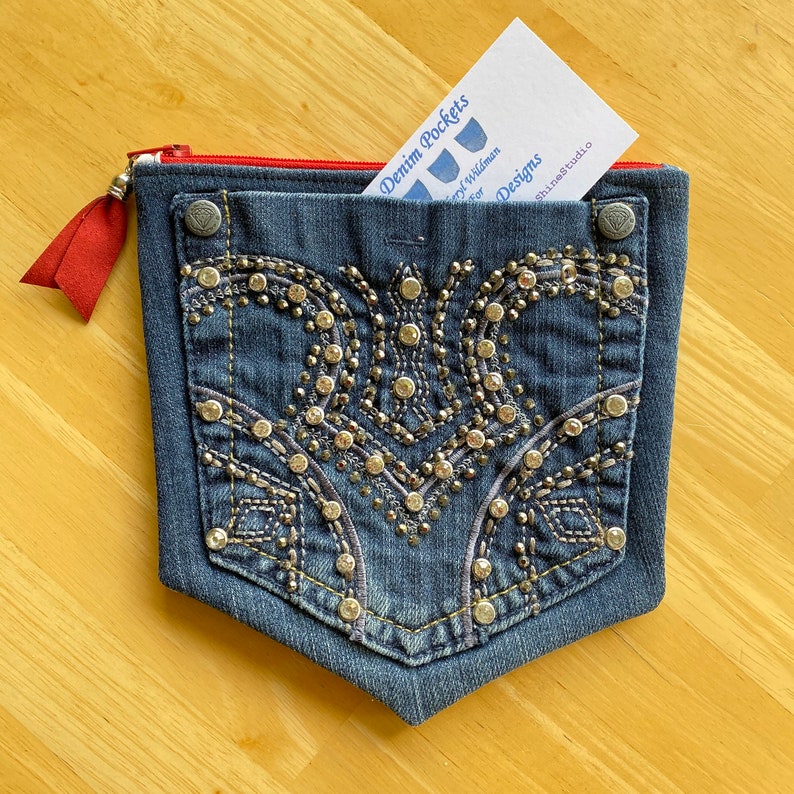 DENIM Jeans Pocket Denim Pouch with Silver /& Rhinestones BLING Denim Purse Two Pocket Zipper Pouch STARS Fabric Lining Upcycled Jeans