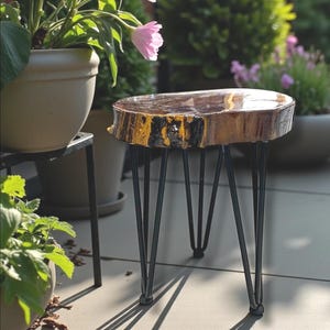 May include: A small, round wooden side table with a natural edge and a glossy finish. The tabletop is supported by black hairpin legs. The wood has a brown and yellow color scheme. The table is approximately 18 inches in diameter and 18 inches tall.