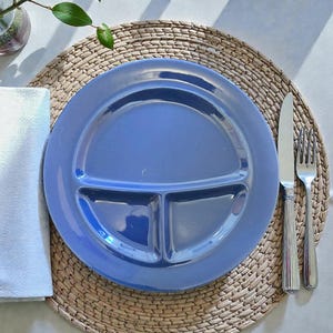 May include: A blue divided plate with three sections sits on a woven placemat. A white napkin, a knife, and a fork are arranged on the table. A small glass vase with a green plant is in the background.